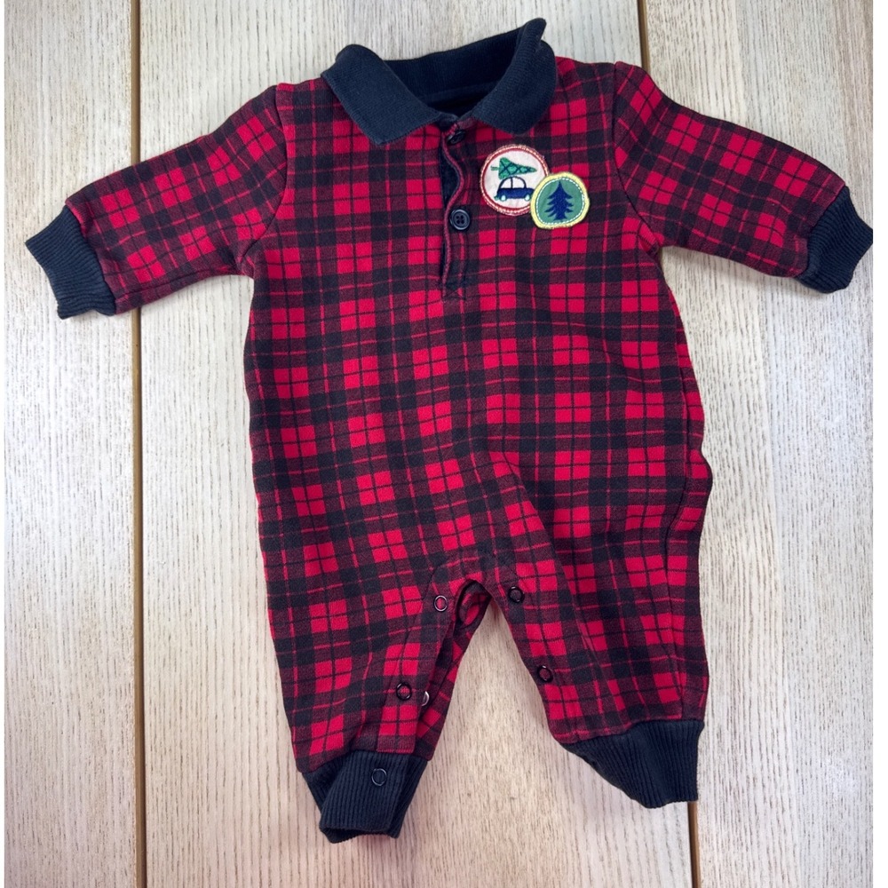 Joe Fresh Baby Red Black‎ Buffalo Plaid Christmas Tree Romper One Piece 0-3M